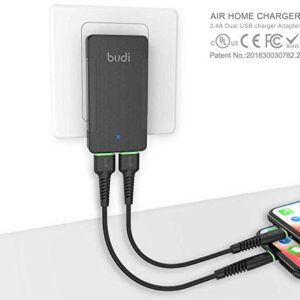 BUDI 17W Extra Slim Portable Wall Charger 2-Port USB-A Charger 3.15 x 1.57 x 0.4 inches (Black USB-A)