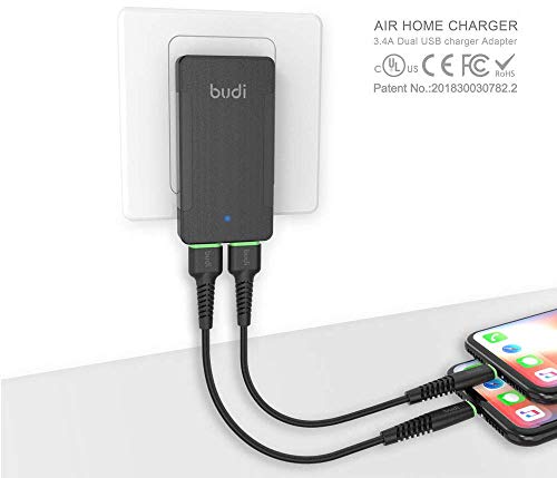 BUDI 17W Extra Slim Portable Wall Charger 2-Port USB-A Charger 3.15 x 1.57 x 0.4 inches (Black USB-A)