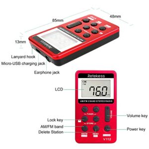 Retekess V112 AM FM Portable Pocket Radio Digital Tuning Stereo Volume with Earphone Rechargeable Battery for Walking Gym (Red)