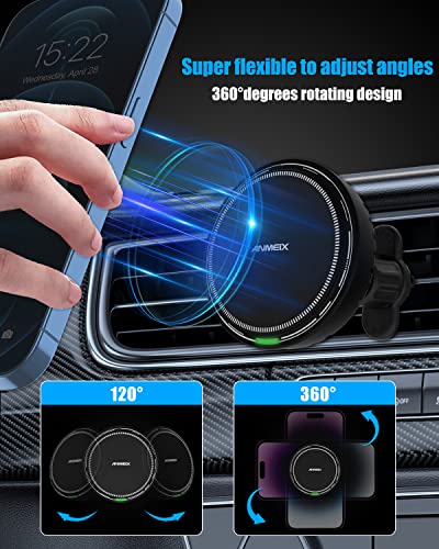 Magnetic Wireless Car Charger Mount，[Ice Cooling Charging] Anmeix 15W Fast Charging Magnet Car Phone Holder,Air Vent Mount Compatible with iPhone 15/14/13/12 Series Phones and Magnetic Cases, Black