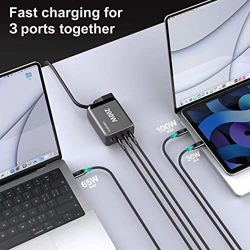 200W USB C GaN Charger Station WOTOBEUS PD 100W Type C 65W PPS45W Super Fast Charging 60W Laptop Power Adapter AC Cable for iPhone 14 13 Pro Max Plus iPad MacBook Samsung Galaxy S23/22/21 Note20 Pixel