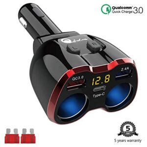 Cigarette Lighter Splitter QC 3.0, 2-Socket USB C Car Charger Adapter Type C Multi Power Outlet 12V/24V 80W DC with LED Voltmeter Switch Dual USB Port for iPhone GPS Dashcam iPad Android Samsung