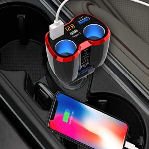 Cigarette Lighter Splitter QC 3.0, 2-Socket USB C Car Charger Adapter Type C Multi Power Outlet 12V/24V 80W DC with LED Voltmeter Switch Dual USB Port for iPhone GPS Dashcam iPad Android Samsung