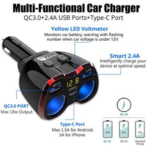 Cigarette Lighter Splitter QC 3.0, 2-Socket USB C Car Charger Adapter Type C Multi Power Outlet 12V/24V 80W DC with LED Voltmeter Switch Dual USB Port for iPhone GPS Dashcam iPad Android Samsung