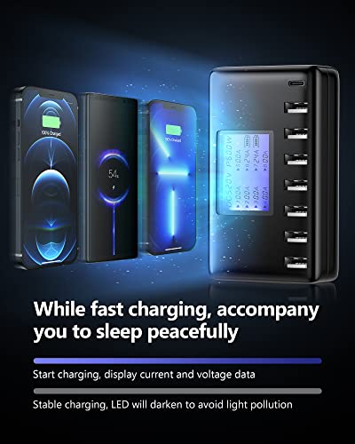 USB Charging Station, Ziwodiv 8-Ports USB Charger Station, 60W/12A Multi Port USB C Hub Charger with LCD Display for Multiple Devices, Compact Desktop Charging for iPhone iPad Samsung Android Tablet