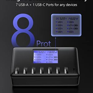 USB Charging Station, Ziwodiv 8-Ports USB Charger Station, 60W/12A Multi Port USB C Hub Charger with LCD Display for Multiple Devices, Compact Desktop Charging for iPhone iPad Samsung Android Tablet