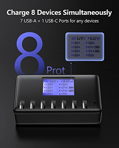 USB Charging Station, Ziwodiv 8-Ports USB Charger Station, 60W/12A Multi Port USB C Hub Charger with LCD Display for Multiple Devices, Compact Desktop Charging for iPhone iPad Samsung Android Tablet