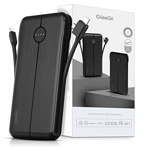 Upgraded Portable Charger, GiieeGii 10000mAh Power Bank Built in Cable, with Micro & Type-C 3 Kinds Cables and USB Output Port Cell Phone Battery Backup Compatible with iPhone Android Smartdevices