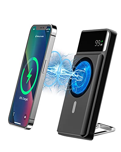 FEEL VOX Magnetic Wireless Portable Charger, Power Bank 10000mAh USB-C 18W Fast Charging Mag-net Safe Battery Pack with LED Display, Suitcase-Style Metal Retractable Stand for iPhone 14/13/12 Series