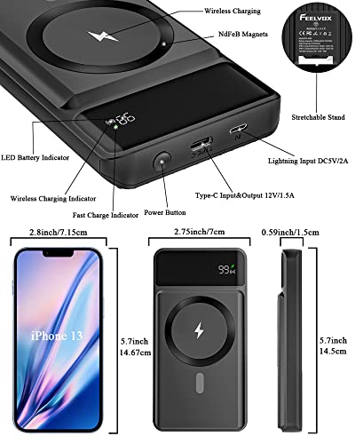 FEEL VOX Magnetic Wireless Portable Charger, Power Bank 10000mAh USB-C 18W Fast Charging Mag-net Safe Battery Pack with LED Display, Suitcase-Style Metal Retractable Stand for iPhone 14/13/12 Series