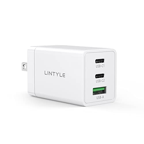 LINTYLE 65W USB C Charger 3-Port GaN Wall Charger Mini USB C USB A Charger Block Foldable Fast USB Type-C Charger Phone Laptop Tablet Charger Power Adapter - White