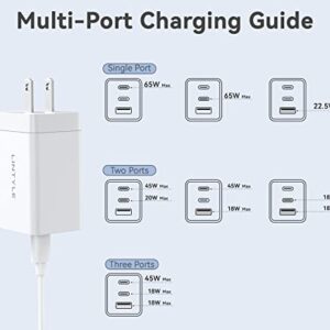 LINTYLE 65W USB C Charger 3-Port GaN Wall Charger Mini USB C USB A Charger Block Foldable Fast USB Type-C Charger Phone Laptop Tablet Charger Power Adapter - White