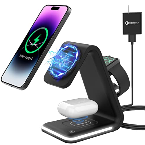 15W Fast Charging Wireless Charger, HATALKIN 3 in 1 Charging Station for Multiple Devices Apple Products, MagSafe Charger Stand for iPhone 14 13 12 Pro Max Mini iWatch 8 Ultra SE 7 6 5 4 AirPods