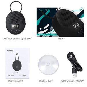 Shower Radio Speaker with Bluetooth 5.0, AGPTEK Waterproof Wireless Bathroom FM with Suction Cup 12H Long Playback Time, Lanyard, LCD Screen Display, Handsfree Calling, Storage Card Playback Black