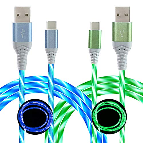 LED USB C Cable 2 Pack 6FT, Light Up Visible Flowing LED Type C Fast Charging Cable Compatible with Samsung Galaxy S21 S20 S10 Plus, Note 20 10 9, LG, Pixel and More (Blue&Green)