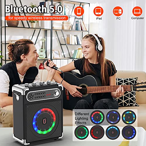 JAUYXIAN Bluetooth Speaker with Two Wireless Microphones, Outdoor Speaker with Subwoofer/Tweeter, Portable PA Speaker System with Remote Control, Discol Lights, FM, REC for Home, Party