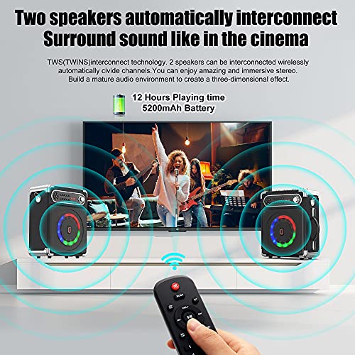 JAUYXIAN Bluetooth Speaker with Two Wireless Microphones, Outdoor Speaker with Subwoofer/Tweeter, Portable PA Speaker System with Remote Control, Discol Lights, FM, REC for Home, Party