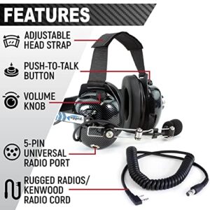 Rugged Carbon Fiber Behind The Head Headset and Adaptor Cable for Racing Radios Electronics Communications Kenwood & Baofeng – Features 2-Pin to 5-Pin Coil Cord Volume Control Knob 3.5mm Input Jack