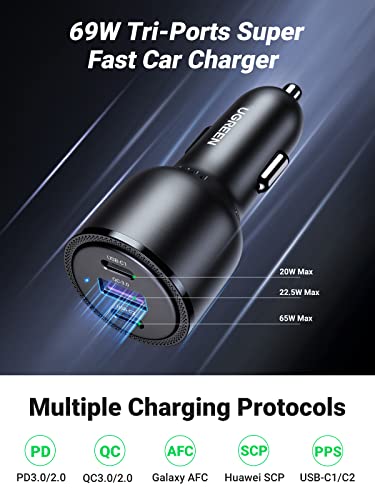 UGREEN 69W USB C Car Charger, PD 65W&PD 20W&SCP 22.5W/QC 18W Type C Car Charger Fast Charging, Car Charger Adapter Compatible with iPhone 14/13/12/11/iPad/Mac Book, Galaxy S23/S22/S21/S20/S10/Note 20