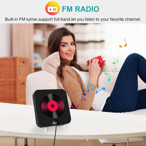 Portable Bluetooth CD Player,Wall Mountable CD Player for Home with Remote Control Dust Cover LCD Display Built-in HiFi Speakers FM Radio,Support CD/MP3/USB/TF/AUX Input Output (Black)