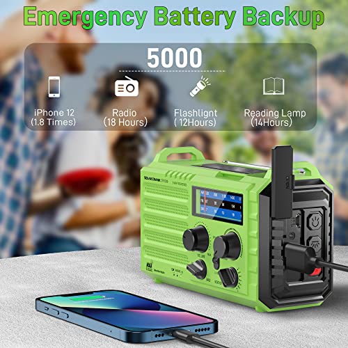 Emergency Weather Radio with NOAA/AM/FM, Solar Hand Crank Radio with 5000mAh Rechargeable Battery, Survival Portable Radio with LED Flashlight,Battery Operated, SOS Alarm for Home or Emergency(Green)