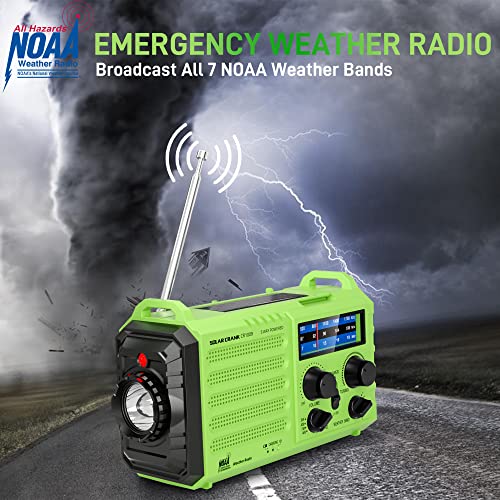 Emergency Weather Radio with NOAA/AM/FM, Solar Hand Crank Radio with 5000mAh Rechargeable Battery, Survival Portable Radio with LED Flashlight,Battery Operated, SOS Alarm for Home or Emergency(Green)