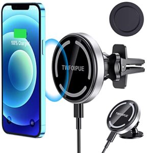 twfoipue magnetic wireless car charger for magsafe mount iphone 14, 13, 12, pro, pro max, mini fast charging auto-alignment strong magnet air vent car phone holder