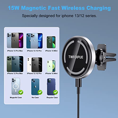 TWFOIPUE Magnetic Wireless Car Charger for Magsafe Mount iPhone 14, 13, 12, Pro, Pro Max, Mini Fast Charging Auto-Alignment Strong Magnet Air Vent Car Phone Holder