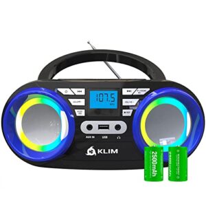 klim b3 portable cd player – new 2023 – fm radio cd mp3 bluetooth aux usb rgb lights – cd boombox – wired and wireless mode with rechargeable batteries – upgraded cd laser lens – digital eq – blue