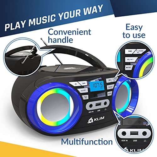 KLIM B3 Portable CD Player - New 2023 - FM Radio CD MP3 Bluetooth AUX USB RGB Lights - CD Boombox - Wired and Wireless Mode with Rechargeable Batteries - Upgraded CD Laser Lens - Digital EQ - Blue