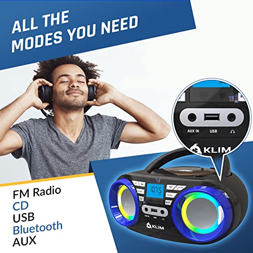 KLIM B3 Portable CD Player - New 2023 - FM Radio CD MP3 Bluetooth AUX USB RGB Lights - CD Boombox - Wired and Wireless Mode with Rechargeable Batteries - Upgraded CD Laser Lens - Digital EQ - Blue