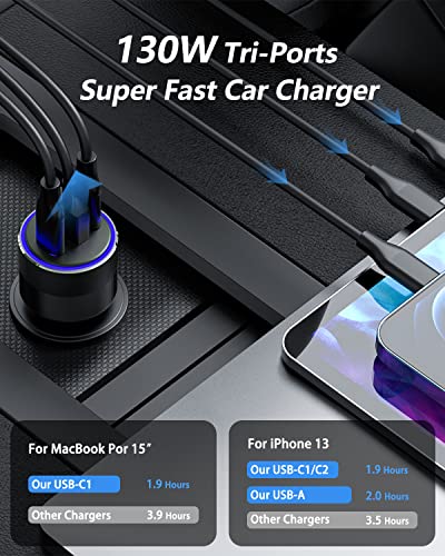 130W USB C Car Fast Charger,3-Port PD 100W PPS 45W QC3.0 30W Super Fast Charging Cigarette Lighter for MacBook Pro Air M1 Laptop iPhone 14 13 12 Pro Max Samsung S22 S21Ultra (with 100W USB C Cable)