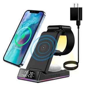 wireless charger with clock/alarm for apple charging station, 3 in 1 qi fast phone multiple devices charger for apple watch 7/6/5/4/3/2/se & airpods 3/2/pro & iphone 14/13/12/11(only for apple watch)