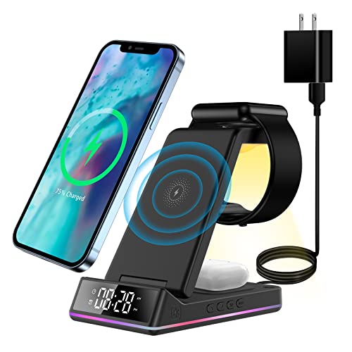 Wireless Charger with Clock/Alarm for Apple Charging Station, 3 in 1 Qi Fast Phone Multiple Devices Charger for Apple Watch 7/6/5/4/3/2/SE & AirPods 3/2/Pro & iPhone 14/13/12/11(Only for Apple Watch)