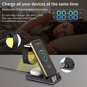 Wireless Charger with Clock/Alarm for Apple Charging Station, 3 in 1 Qi Fast Phone Multiple Devices Charger for Apple Watch 7/6/5/4/3/2/SE & AirPods 3/2/Pro & iPhone 14/13/12/11(Only for Apple Watch)