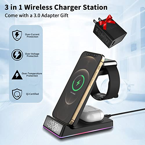 Wireless Charger with Clock/Alarm for Apple Charging Station, 3 in 1 Qi Fast Phone Multiple Devices Charger for Apple Watch 7/6/5/4/3/2/SE & AirPods 3/2/Pro & iPhone 14/13/12/11(Only for Apple Watch)