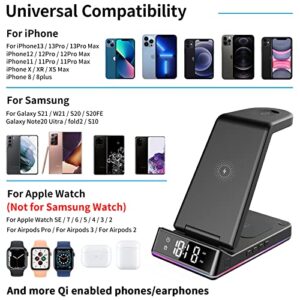 Wireless Charger with Clock/Alarm for Apple Charging Station, 3 in 1 Qi Fast Phone Multiple Devices Charger for Apple Watch 7/6/5/4/3/2/SE & AirPods 3/2/Pro & iPhone 14/13/12/11(Only for Apple Watch)