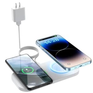 dual wireless charger,joygeek wireless charging pad for iphone 14 plus/14 pro/14/13 pro max/pro/mini/12,airpods 3/2,wireless phone charger for samsung s22/s21,10w fast wireless charger(white)