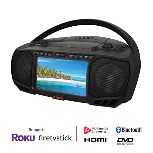 Aiwa Portable Boombox, Crystal Clear Sound with 3W x 2 Speakers and Bass Function, Featuring a 7" LCD Display, Bluetooth Connectivity, FM Radio, CD/DVD Player, Streaming on Roku and Amazon Firestick