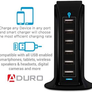 Aduro 40W 6-Port USB Desktop Charging Station Hub Wall Charger for iPhone iPad Tablets Smartphones with Smart Flow (Black)