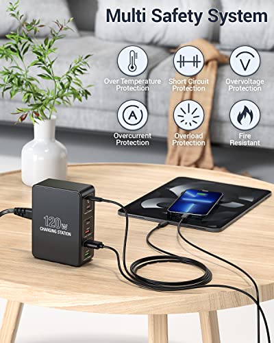 LMAIVE USB C Charging Station, 120W Multiport USB Charging Station, Multi USB Charger Station, Charging Station for Multiple Devices, USB Charging Hub Compatible with MacBook, Laptop, iPhone, iPad