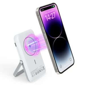 mgg magnetic power bank 5000mah, wireless portable charger with foldable stand, iphone battery pack with type-c port for apple iphone 14/13/12 series, pocket size & light weight (c-c cable included)