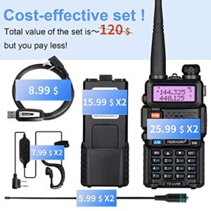 TIDRADIO UV-5R Ham Radio Handheld- Upgraded of Baofeng UV-5R, Dual Band Two Way Radio, Walkie Talkies with 3800mAh Extended Battery, Programming Cable, Long Antenna, Earpiece- Full Kits of 2 Pack