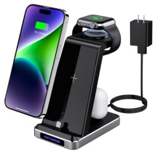 charging station for multiple devices apple – 3 in 1 fast charging station dock for iphone 14 pro max/13/12/11/x/8 plus, fast wireless charger desk stand for apple iwatch 7/6/5/se/4/3/2 with adapter