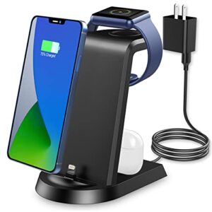 3 in 1 charging station for multiple devices, fast charging dock for iphone 14 13 12 11 pro max xs xr 8 plus & airpods, built-in charger stand for apple watch 8 7 6 se 5 4 3 2(with adapter)