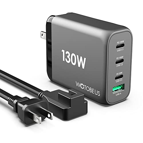 130W USB C GaN Wall Charger WOTOBEUS PD 100W PPS45W Super Fast Charging Station Type-C Laptop QC4+ Power Adapter AC Cable Multiple Ports for iPhone 14 13 iPad MacBook Samsung S23 Pixel Leveno HP Dell