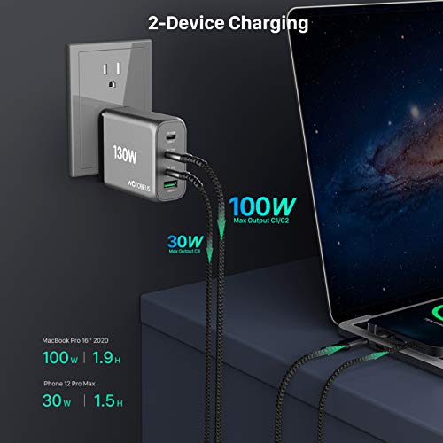 130W USB C GaN Wall Charger WOTOBEUS PD 100W PPS45W Super Fast Charging Station Type-C Laptop QC4+ Power Adapter AC Cable Multiple Ports for iPhone 14 13 iPad MacBook Samsung S23 Pixel Leveno HP Dell