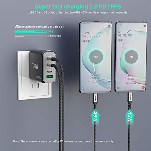 130W USB C GaN Wall Charger WOTOBEUS PD 100W PPS45W Super Fast Charging Station Type-C Laptop QC4+ Power Adapter AC Cable Multiple Ports for iPhone 14 13 iPad MacBook Samsung S23 Pixel Leveno HP Dell