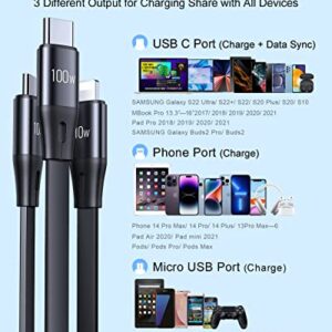 CAFELE 100W USB C Multi Charging Cable [Travel Accessories] 3in1 Retractable Phone Charger, Multiple Charging Cord with Type C/Micro USB/IP for Samsung S23 S22 S21/Phone 14 13 12/Pad Pro/Mac, 4ft