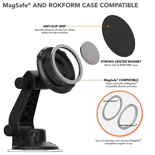 Rokform - Adjustable Magnetic Windshield Phone Mount, Compatible with All Cases and MagSafe Phones and Cases, Secured by Strong Suction Cup Base, 210° of Tilt and 360° of Rotation (Black)